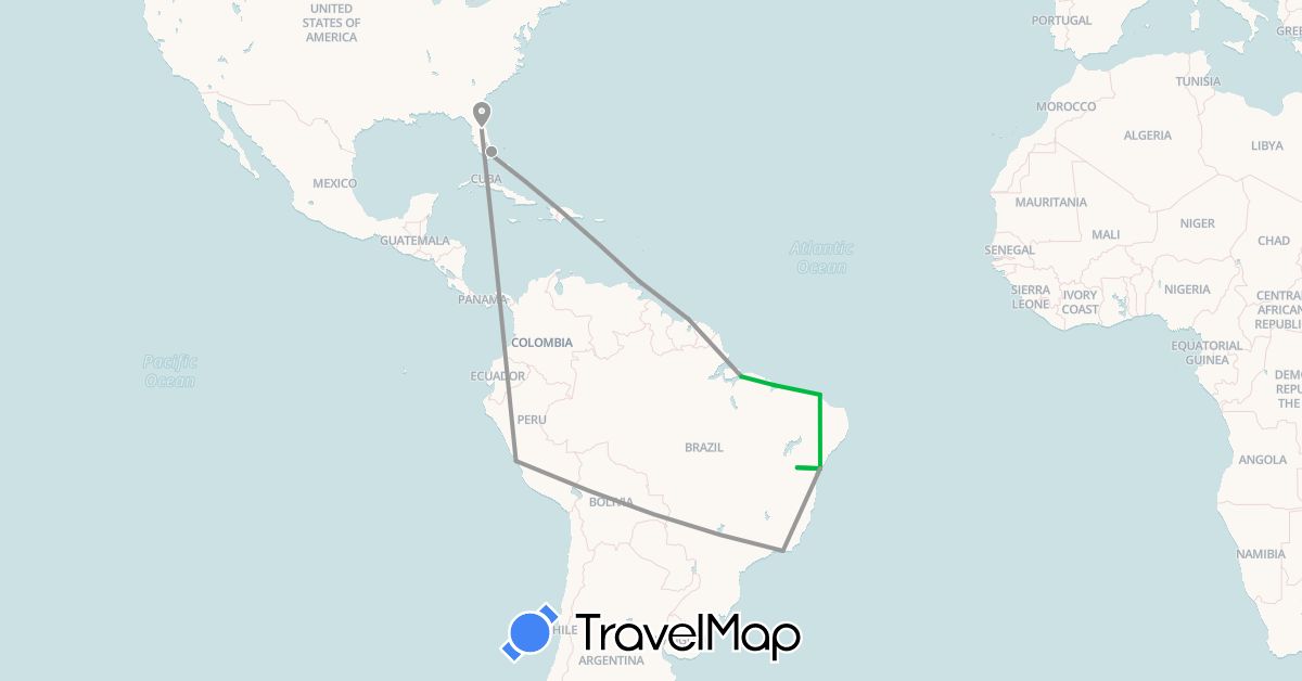 TravelMap itinerary: bus, plane in Brazil, Peru, Suriname, Trinidad and Tobago, United States (North America, South America)